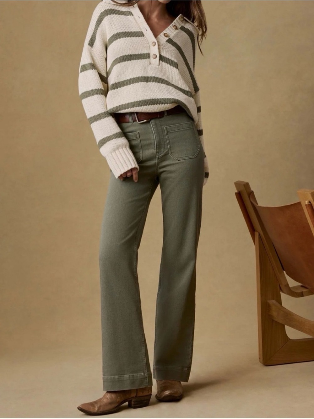 BOGO! Faherty Stretch Terry Patch Pocket Pant Island Olive Wide-Leg Trousers 24